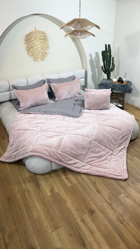 سرویس روتختی مخمل کبریتی طوسی صورتی