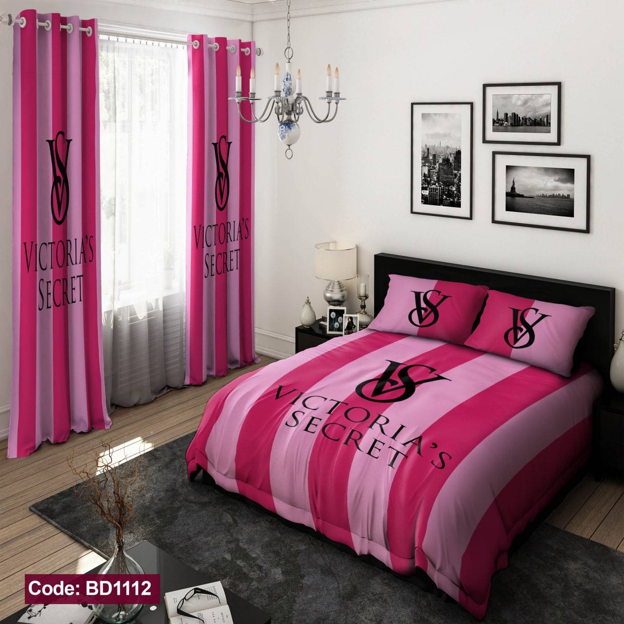 ست روتختی فول سایز بندی صورتی و سرخابی طرح  VICTORIA SECRET